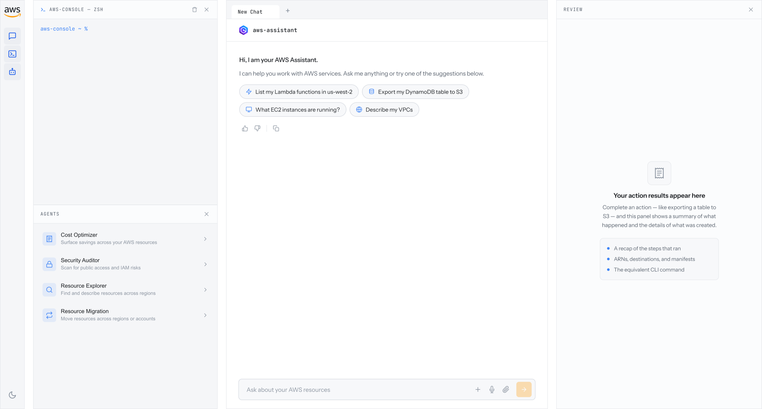 Three-panel layout mapped to the user journey, left to right